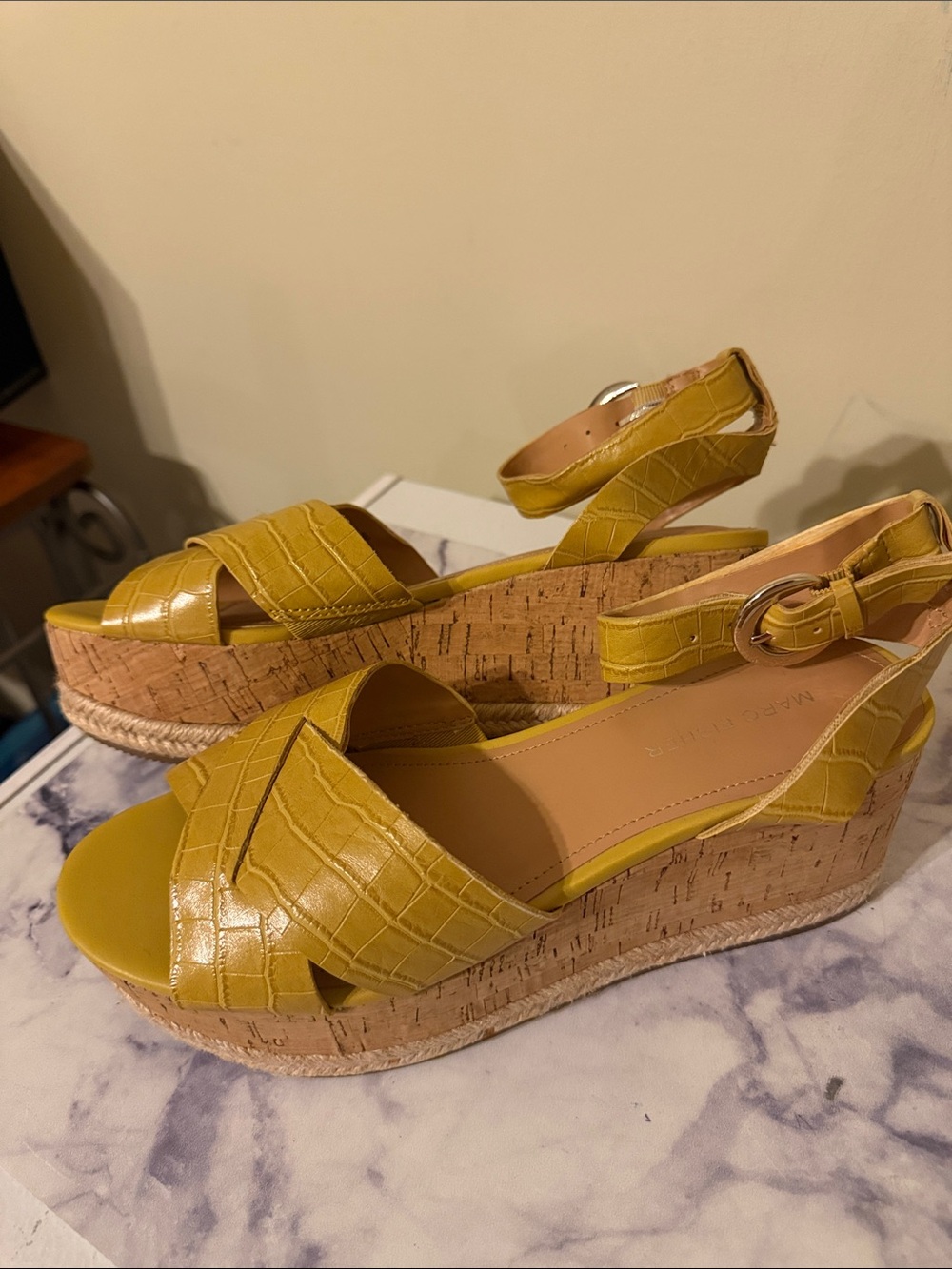 Marc Fisher Mustard Croc-Embossed Cork Wedge Sandals